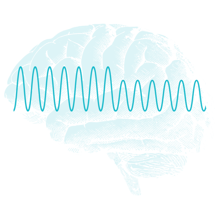 Side view of a brain crossed by a smooth-curved electromagnetic waveform