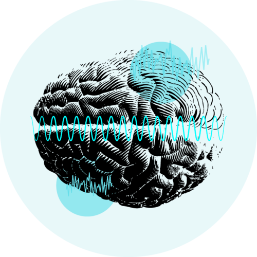 Top view of a brain with small translucent circles upper-right and lower-left, with a central electromagnetic waveform